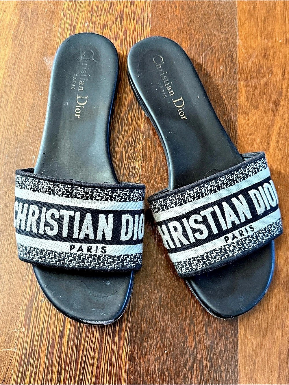 Christian Dior Dway Slide Embroidered Cotton Sandals Black